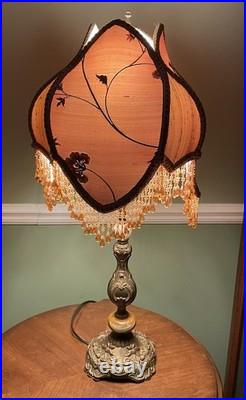 Vintage Victorian Revival Table Lamp Heavy Brass Stone Base Amber Fringe Shade