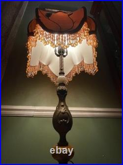 Vintage Victorian Revival Table Lamp Heavy Brass Stone Base Amber Fringe Shade