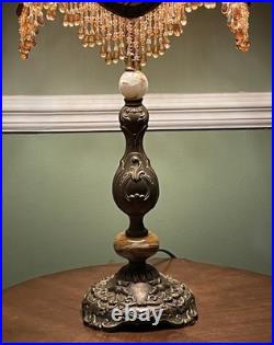 Vintage Victorian Revival Table Lamp Heavy Brass Stone Base Amber Fringe Shade