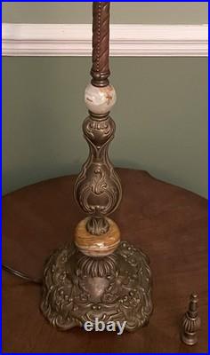 Vintage Victorian Revival Table Lamp Heavy Brass Stone Base Amber Fringe Shade Vintage Victorian Revival Table Lamp Heavy Brass Stone Base Amber Fringe Shade