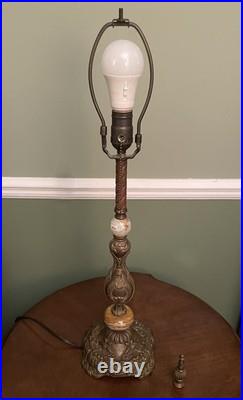 Vintage Victorian Revival Table Lamp Heavy Brass Stone Base Amber Fringe Shade