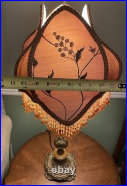 Vintage Victorian Revival Table Lamp Heavy Brass Stone Base Amber Fringe Shade Vintage Victorian Revival Table Lamp Heavy Brass Stone Base Amber Fringe Shade