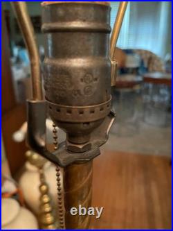 Vintage Victorian Revival Table Lamp Heavy Brass Stone Base Amber Fringe Shade