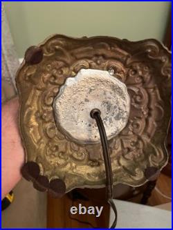 Vintage Victorian Revival Table Lamp Heavy Brass Stone Base Amber Fringe Shade
