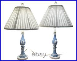 Vintage Wedgwood Style Pair 2 Lamps Porcelain Blue Jasperware Marble Base 3-Way