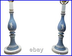 Vintage Wedgwood Style Pair 2 Lamps Porcelain Blue Jasperware Marble Base 3-Way