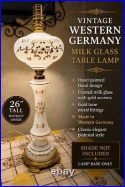Vintage Western Germany 26 Hand Painted Milk Glass Floral Gold Table Lamp