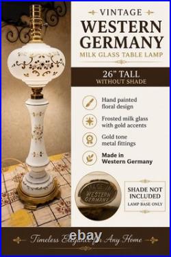 Vintage Western Germany 26 Hand Painted Milk Glass Floral Gold Table Lamp