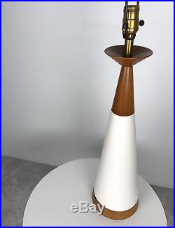 Vintage White Ceramic Teak Cone Table Lamp Mid Century Modern Michael Lax Era