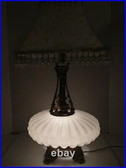 Vintage White/Milk Glass Iridescent Table Lamp withtin Accents Hollywood regency