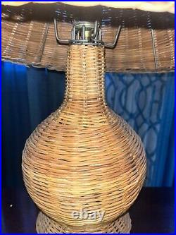 Vintage Wicker Rattan Table Lamp With Matching Shade Natural 17 Tall, Switch