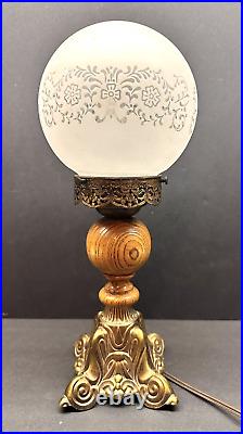 Vintage Wood & Cast Metal Frosted Glass Globe Table Lamp 14 tall