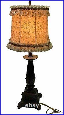 Vintage Wooden Column Table Lamp With Shade 27 Tall, Brown Color