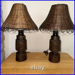 Vintage Wooden Tiki Totem face Table Lamps withhandmade wicker shades set/2