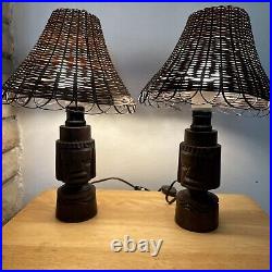 Vintage Wooden Tiki Totem face Table Lamps withhandmade wicker shades set/2