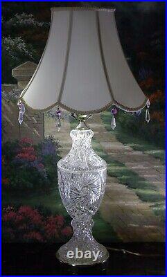 Vintage Yugoslavian Crystal Table Lamp with Beaded Lamp Shade 28 15 Victorian