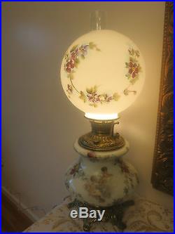 Vintage/antique Painted Milk Glass Gwtw Banquet Lamp 25 Roses Cherubs Angels