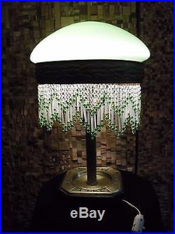 Vintage art deco table lamp with bead. Green opaline globe! Original
