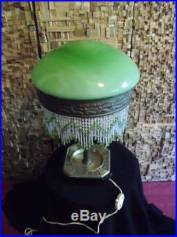 Vintage art deco table lamp with bead. Green opaline globe! Original