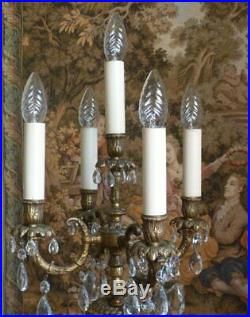 Vintage chandelier table lamp brass & crystal French Rococo Rewired