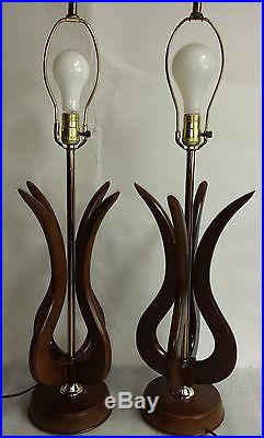 Vintage matched pair Danish Modern wood table lamps Mid Century Eames Open Tulip