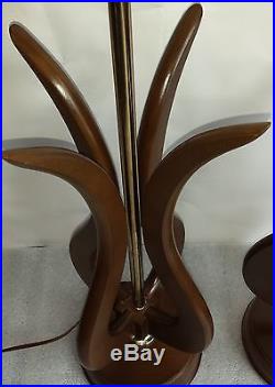 Vintage matched pair Danish Modern wood table lamps Mid Century Eames Open Tulip