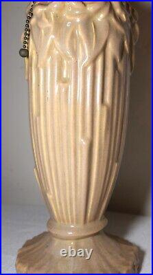 Vintage mid century modern glazed floral pottery brass electric table lamp light