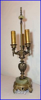 Vintage ornate Rembrandt cast iron green onyx stone 3 arm electric table lamp Vintage ornate Rembrandt cast iron green onyx stone 3 arm electric table lamp