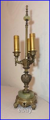 Vintage ornate Rembrandt cast iron green onyx stone 3 arm electric table lamp