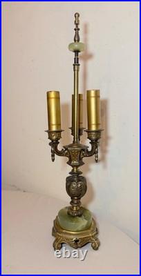 Vintage ornate Rembrandt cast iron green onyx stone 3 arm electric table lamp