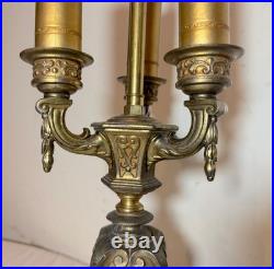 Vintage ornate Rembrandt cast iron green onyx stone 3 arm electric table lamp