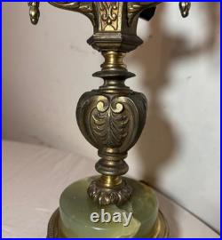 Vintage ornate Rembrandt cast iron green onyx stone 3 arm electric table lamp