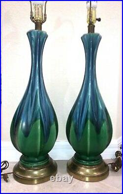 Vintage pair of drip GLAZED Blue Green TABLE LAMPS, Haeger mint condition