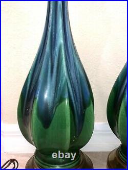 Vintage pair of drip GLAZED Blue Green TABLE LAMPS, Haeger mint condition