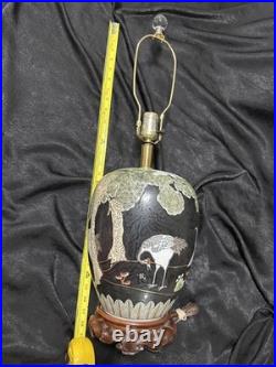Vintage table lamp with hand painted Japanese cranes