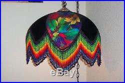 Vntg Dramatic Fabric Lampshade with Bold Psychedelic Rainbow Glass Beads Fringe
