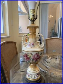 Vntg Urn Style Hand Painted Porcelain Floral Table Lamp Without Shade