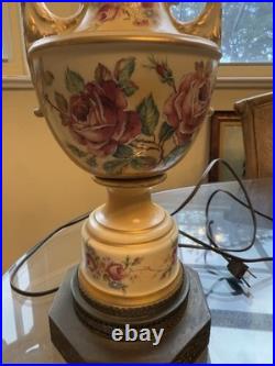 Vntg Urn Style Hand Painted Porcelain Floral Table Lamp Without Shade