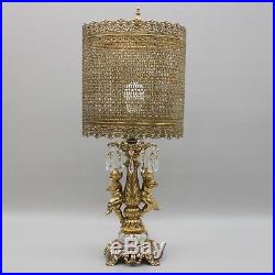 Vtg 26 Pair Brass Cherub Table Lamp Filigree Brass Shade Crystal Art Deco Light