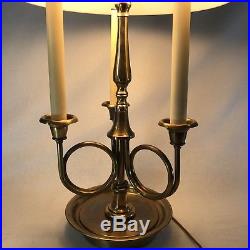 Vtg 3 Horn Brass Lamp Table Desk Green/ Black Metal Shade French Horn Style Arms