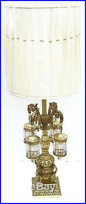 Vtg AB Crystal Waterfall Urn Prism Gold French Antique Table Lamp Mid Chandelier