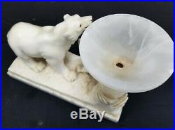 Vtg Art Deco Antique Polar Bear Alabaster Marble Table lamp 2 Bears Carved 1930