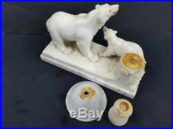 Vtg Art Deco Antique Polar Bear Alabaster Marble Table lamp 2 Bears Carved 1930