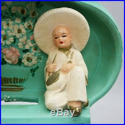 Vtg Asian Woman Man Chalkware Table Lamp TV/Mantle Light Orient Bonsai Planter