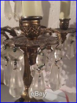 Vtg Brass Candelabra Crystal Prisms Table Chandelier French Shabby