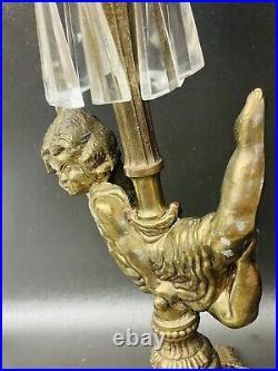 Vtg Bronze Cherub Lamp MCM 1965 Bronze Hurricane Table Lamp Angel Patina 20