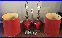 Vtg EF EF Industries RED Glass Table Lamps 3-Way Set With Shades Pair Lamp Retro