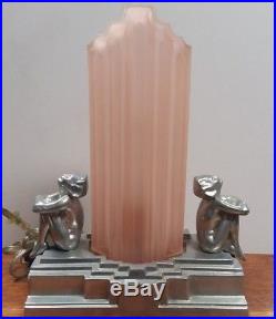 Vtg Frankart Polished alum Art deco Lamp withNymphs Sarsaparilla Pink Glass Shade