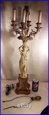 Vtg Greek Woman Lady Cast Metal Brass Candelabra 3way Table Lamp Art Deco Style