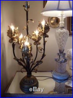 Vtg Hollywood Regency Italian Gold Gilt Tole Lotus Tulip Flower Large Table Lamp